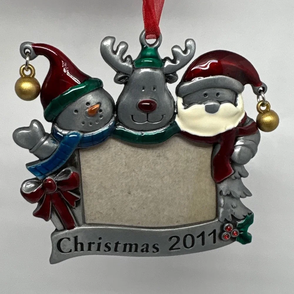 Christmas 2011 Photo Frame Ornament Snowman Reindeer Santa Bells Metal‎